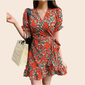 Zara Basic Red Floral Mini Wrap Dress Size XS